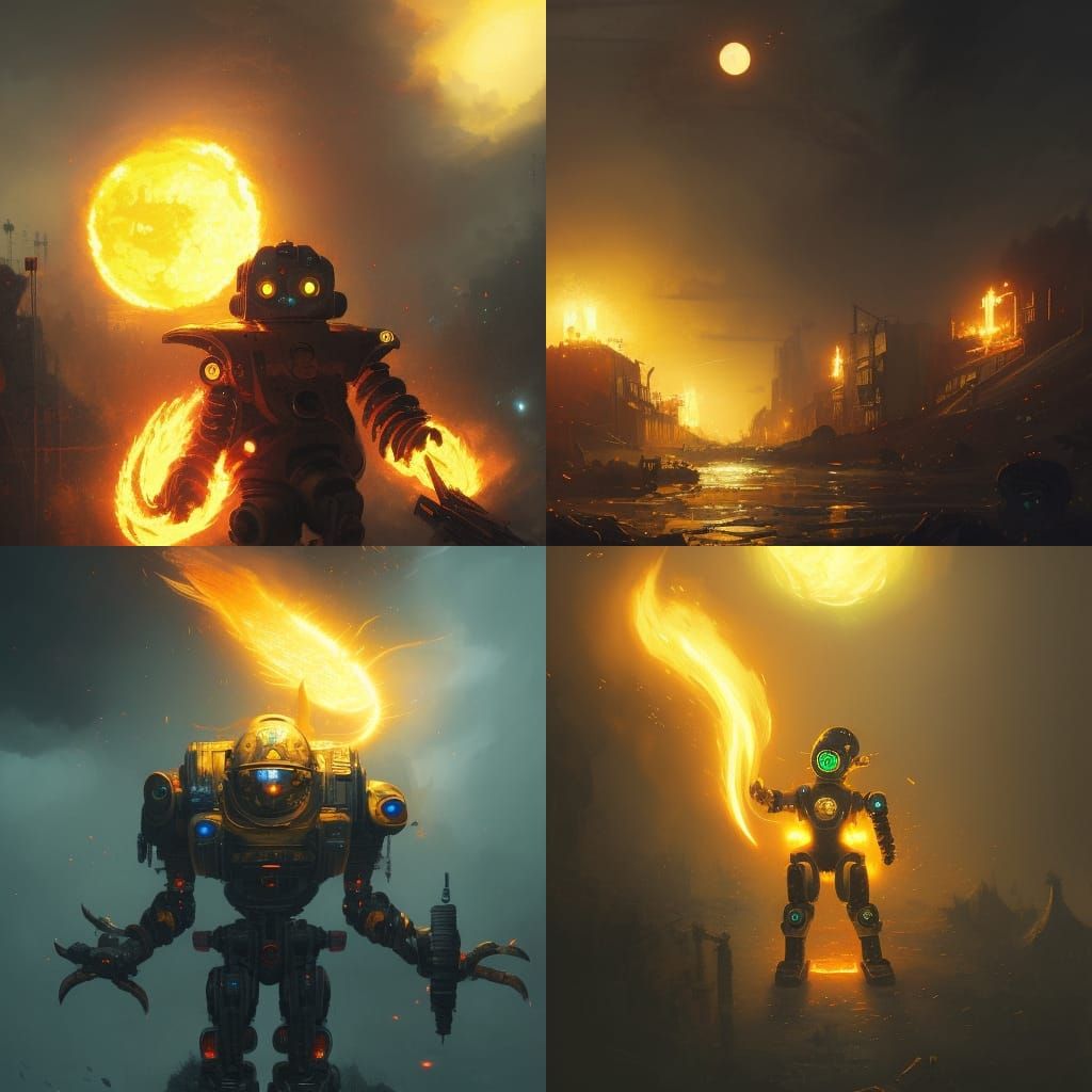 Dark Fantasy Apocalyptic Scene with Robokid in Flames