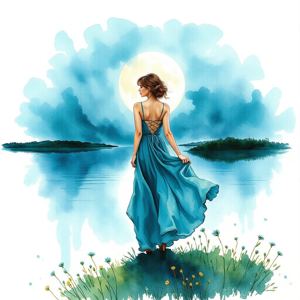 Graceful Woman by Moonlit Lake: Watercolor Painting