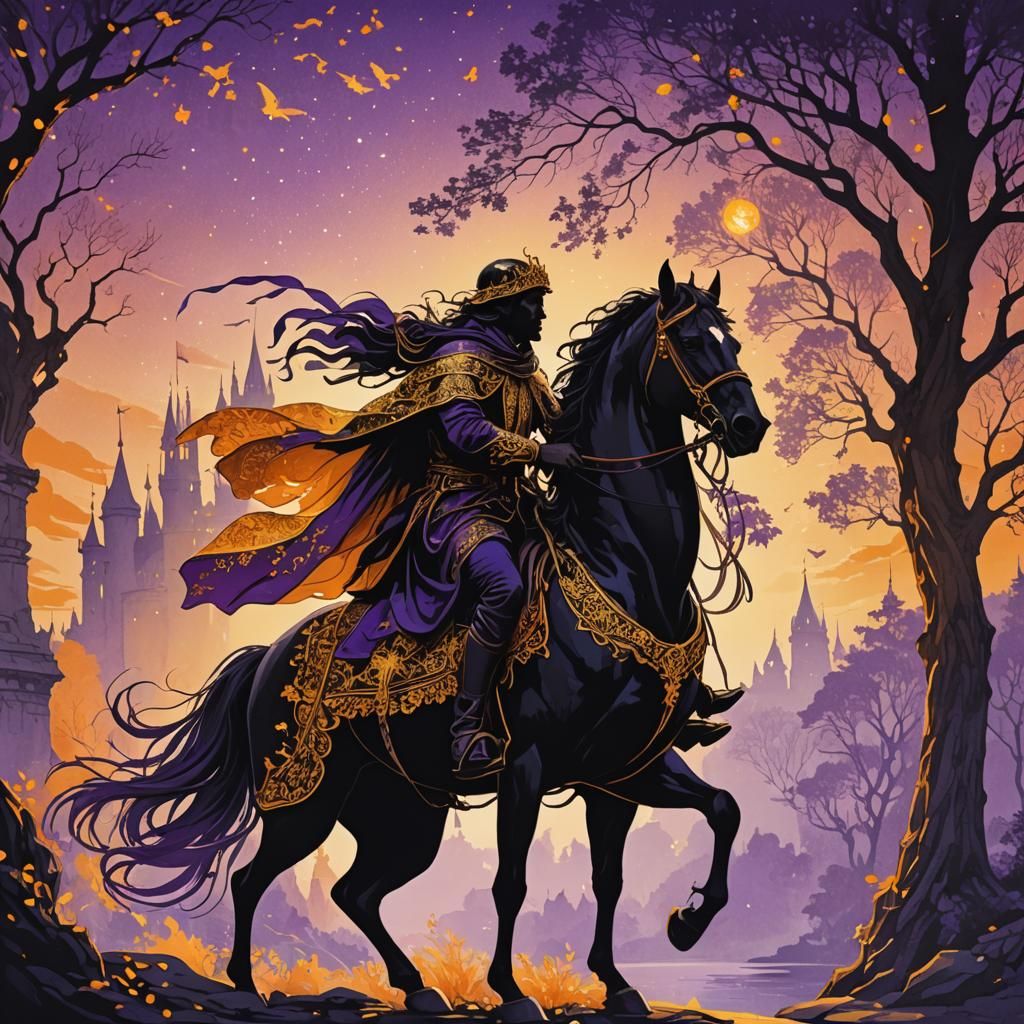 Noble Warrior Rides Horse Across Fairy Bridge