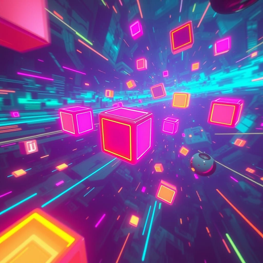 Futuristic Neon Space Scene with Glowing Cubes