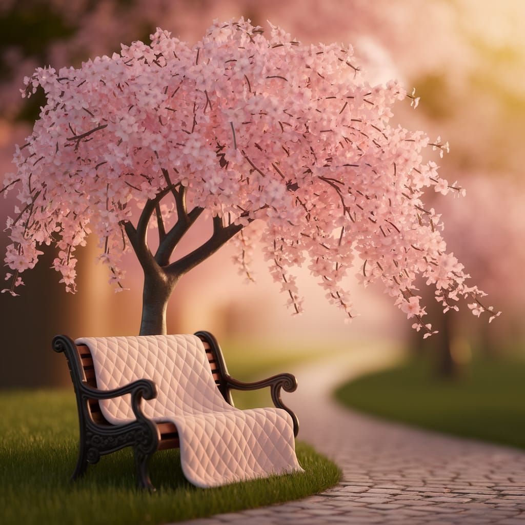 Soft Cherry Blossom Scene in Warm Golden Light
