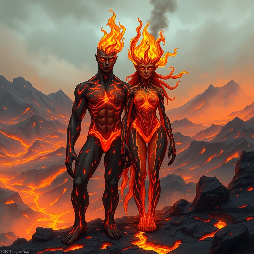 Fiery Lava Siblings in Volcanic Landscape