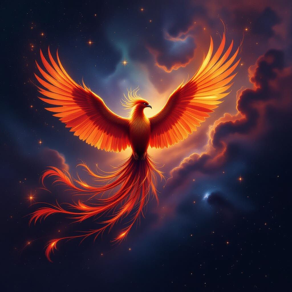 Majestic Phoenix Soars Through Cosmic Nebula in Painterly St...