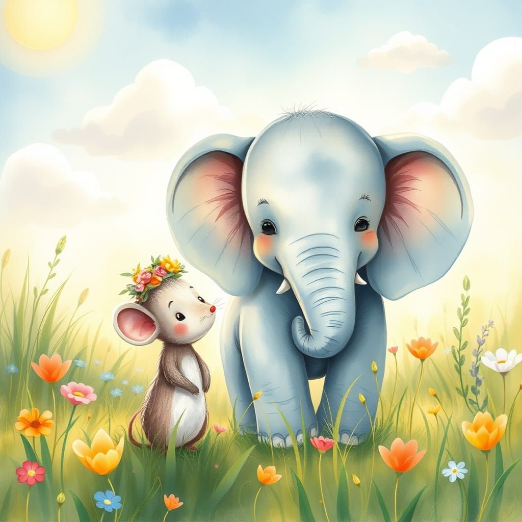 Little Mouse and Big Elephant Friends in Sunny Meadow