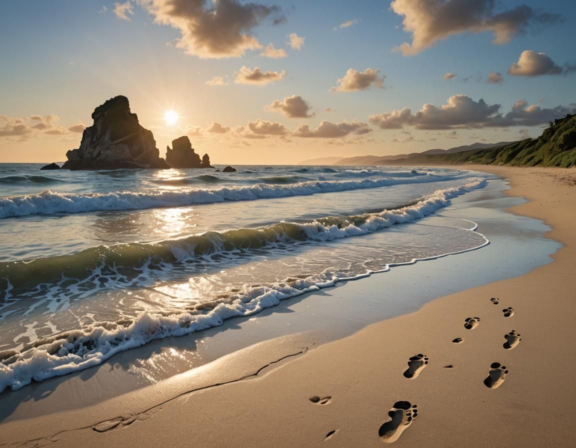 Surreal Footprints Disappear into Calming Ocean Waves