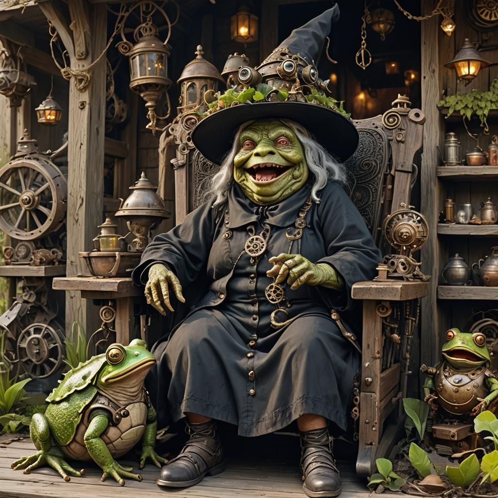Elderly Witch Sits Laughter, Surrounded by Cybernetic Toad i...