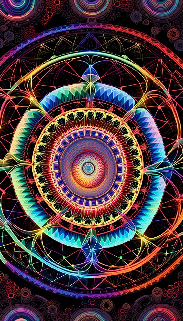 Neon Geometric Time Mandala in Psychedelic Fractal Art