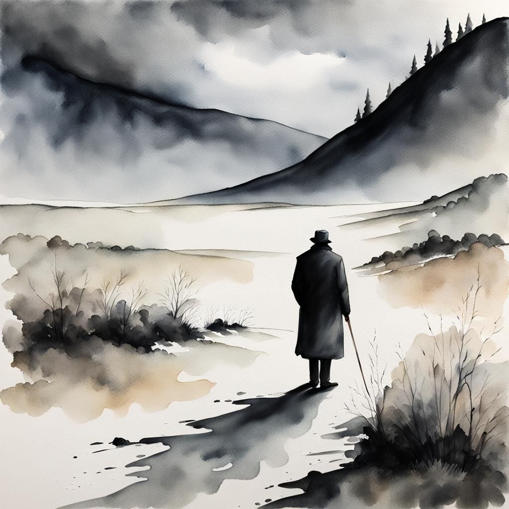 Solitary Figure in a Muted, Grey Watercolor Landscape