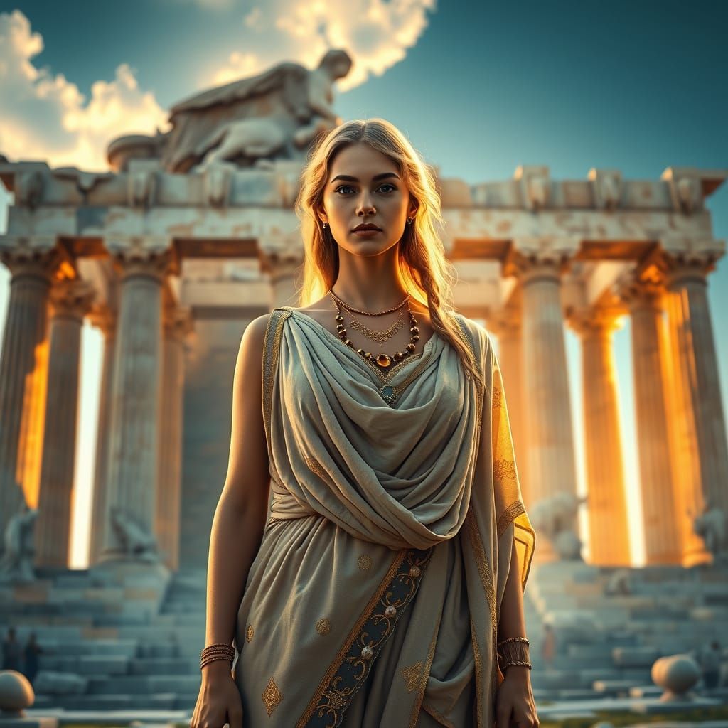 Ancient Greek Goddess in Majestic Temple Setting