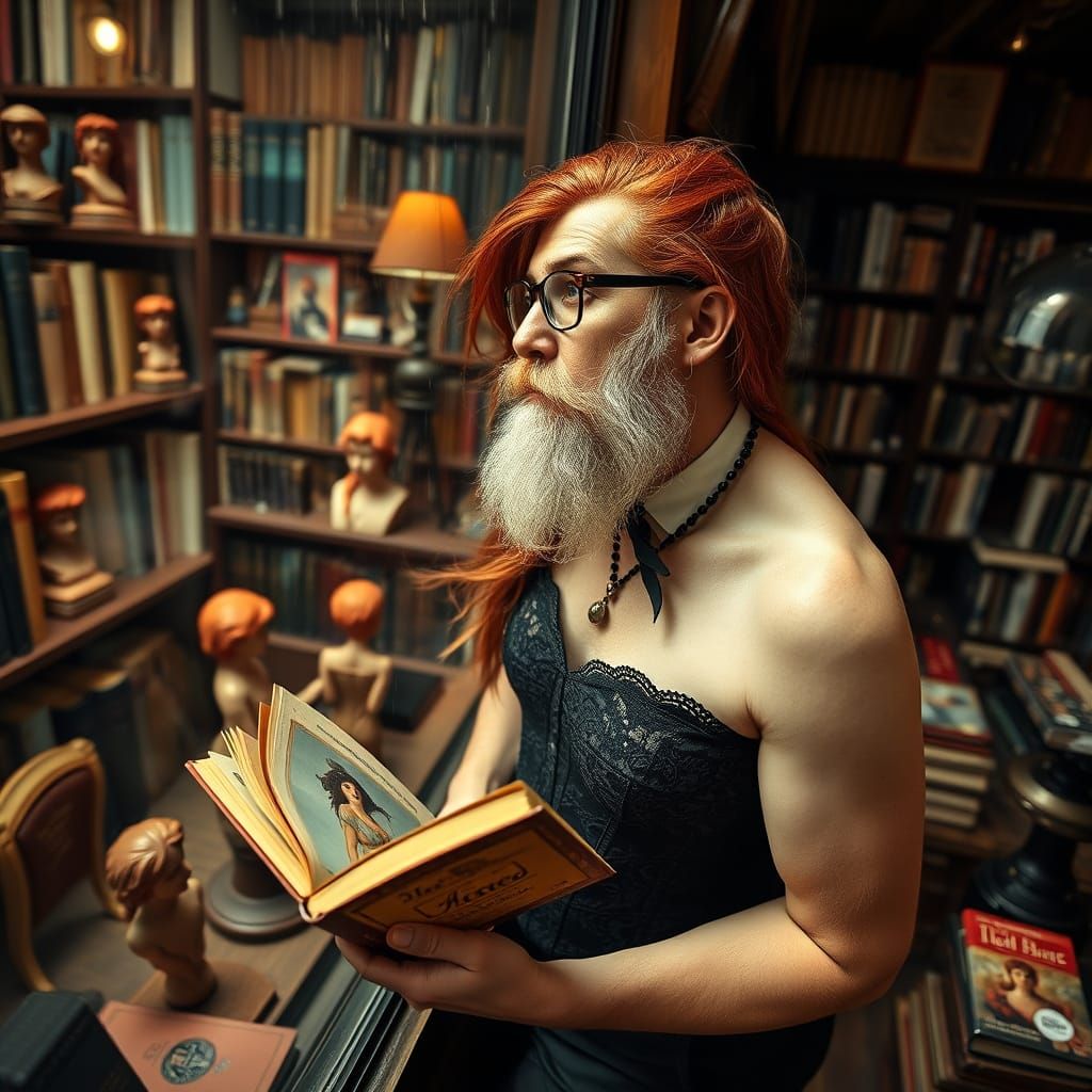 Dandy Old Man Gazing into a London Bookstore