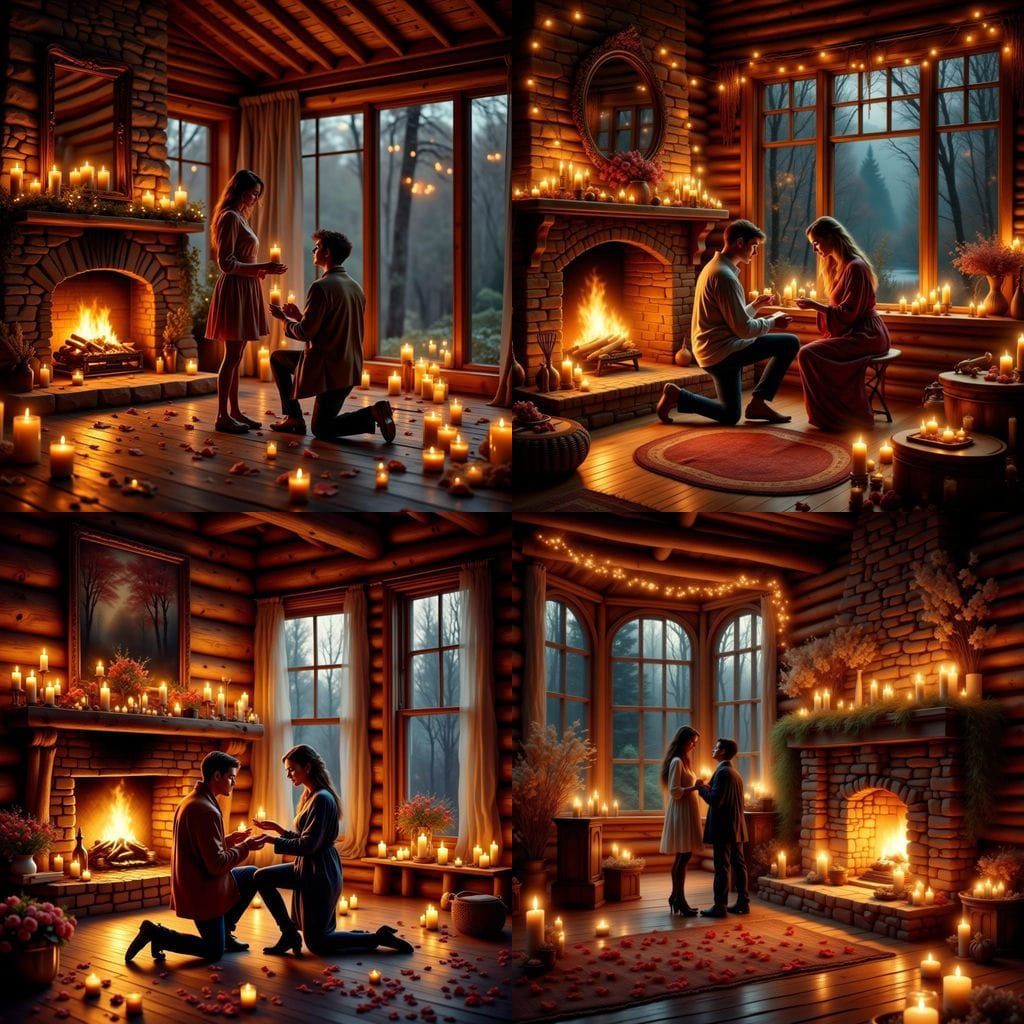 Romantic Log Cabin Proposal Scene in Warm, Golden Light
