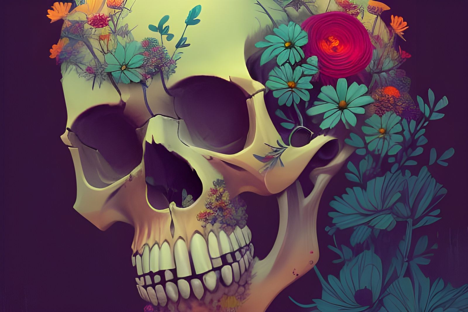 Floral Skull: Surreal Cel-Shaded Art