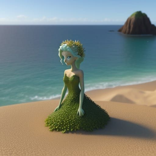 A fairy made completely out of sand, posing on the beach in ...