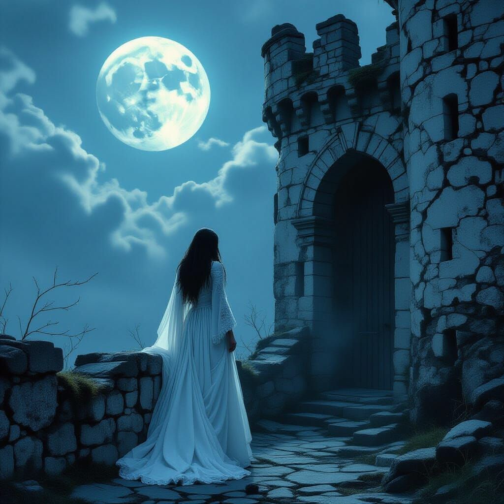 Ghostly Lady Haunts Castle Walls Under Full Moon