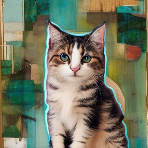 Digital Art Portrait of a Striped Round Fluffy Kitten in a V...