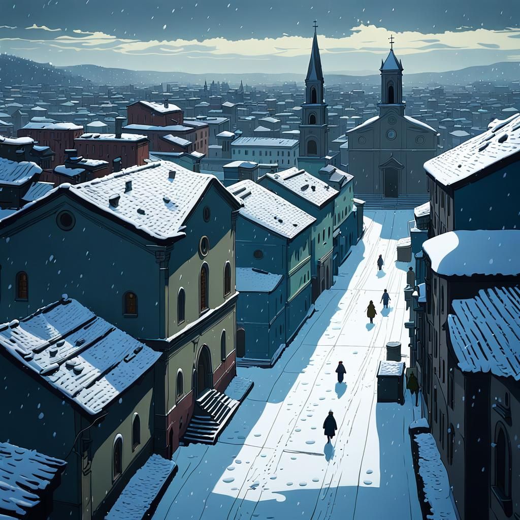 Snowy Italian Church under Heavy Gray Skies