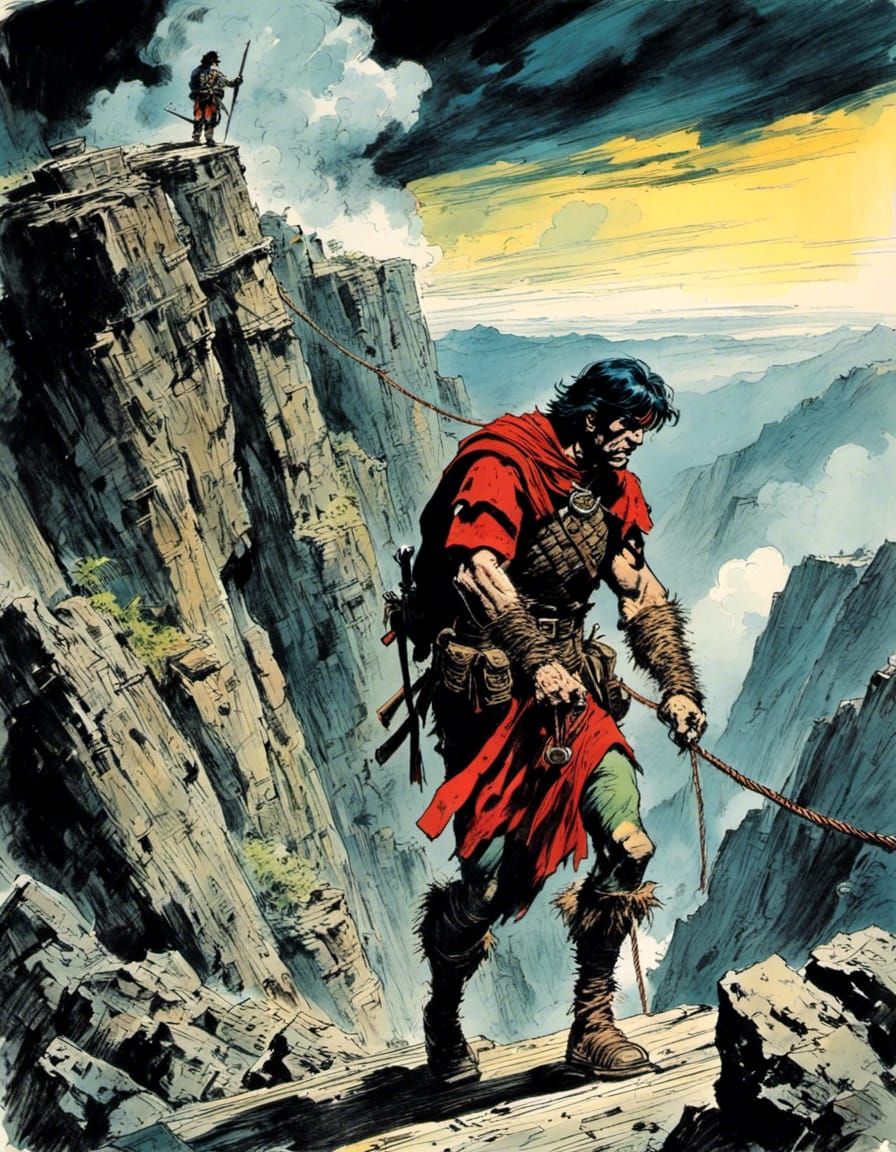 Narrow-Eyed Roman Soldier on Precarious Rope Bridge at Sunse...