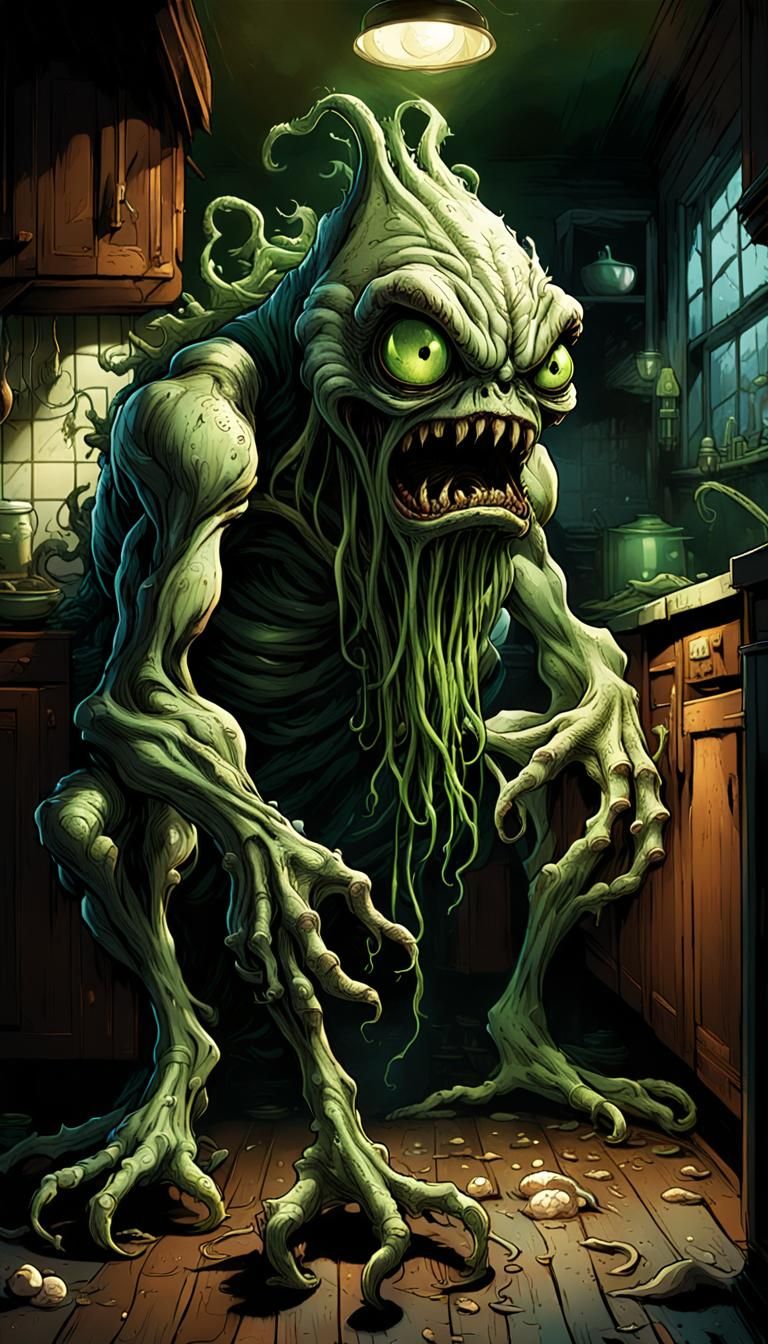 Eerie Kitchen Horror in Comic Book Style