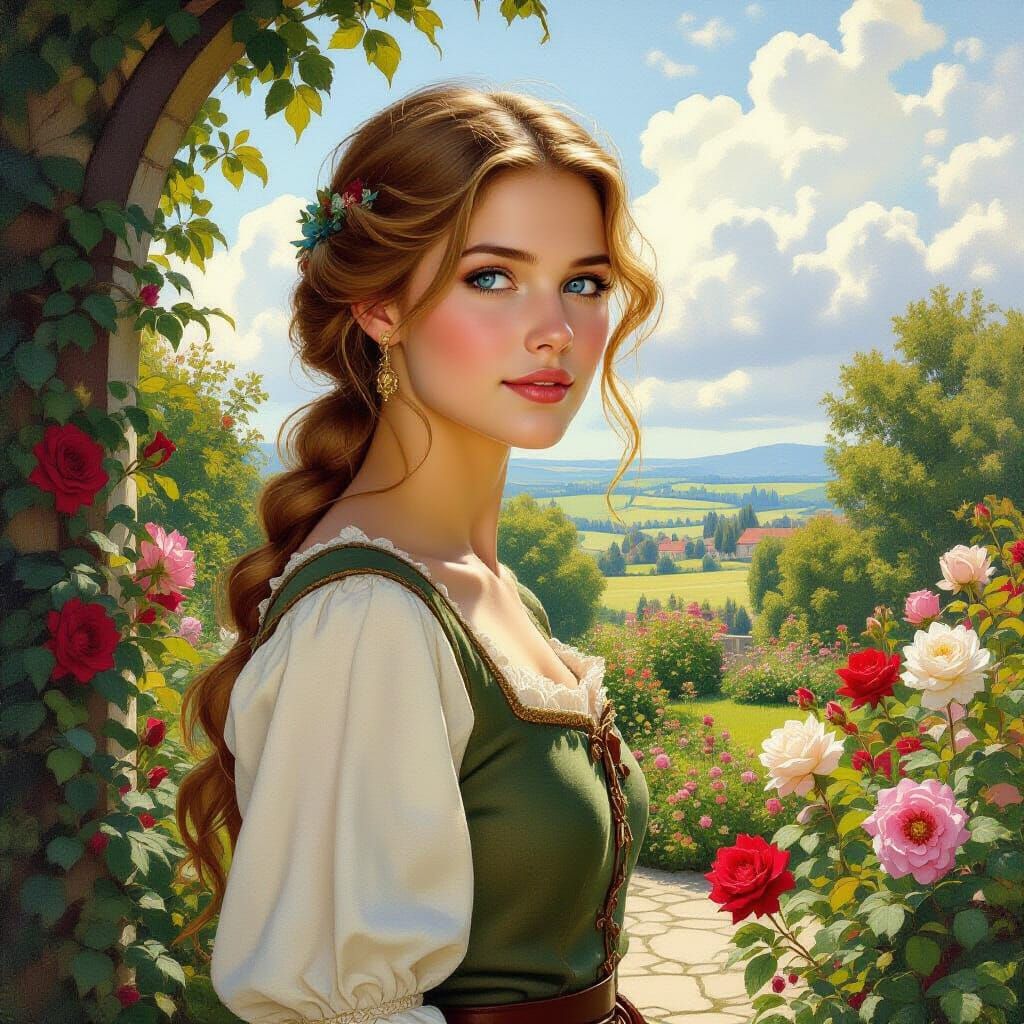 Woman in Rose Garden: Maxfield Parrish Style