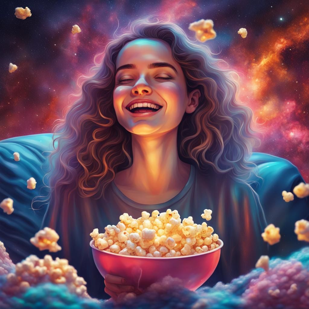 Girl in Cosmic Bliss Eats Popcorn