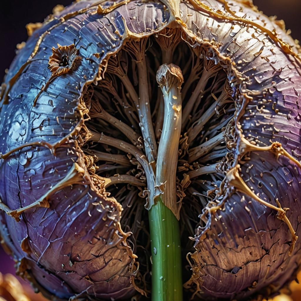 Surreal Golden Light Illuminates Intricate Garlic Bulb