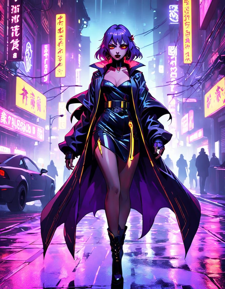 Cyberpunk Vampire in Neon-Lit Streets