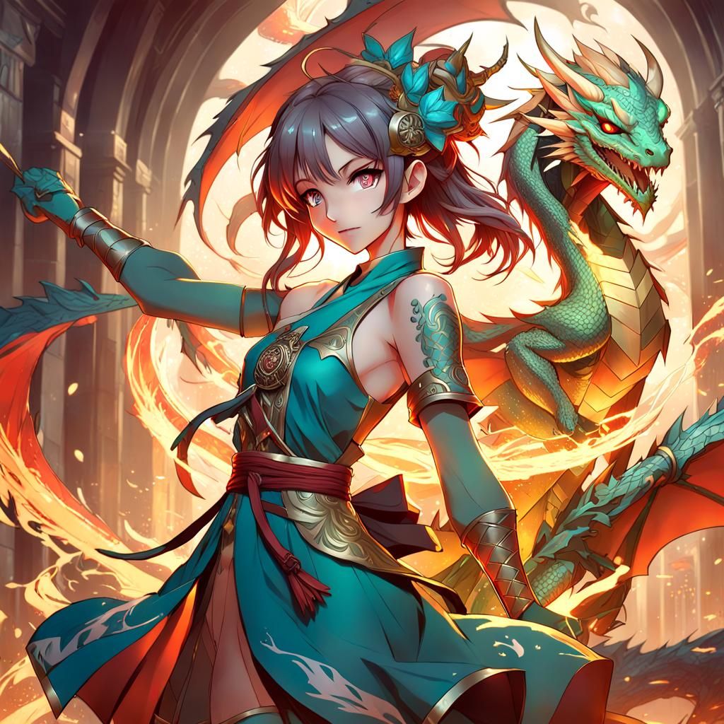 Ethereal Anime Girl and Dragon in Triadic Colors