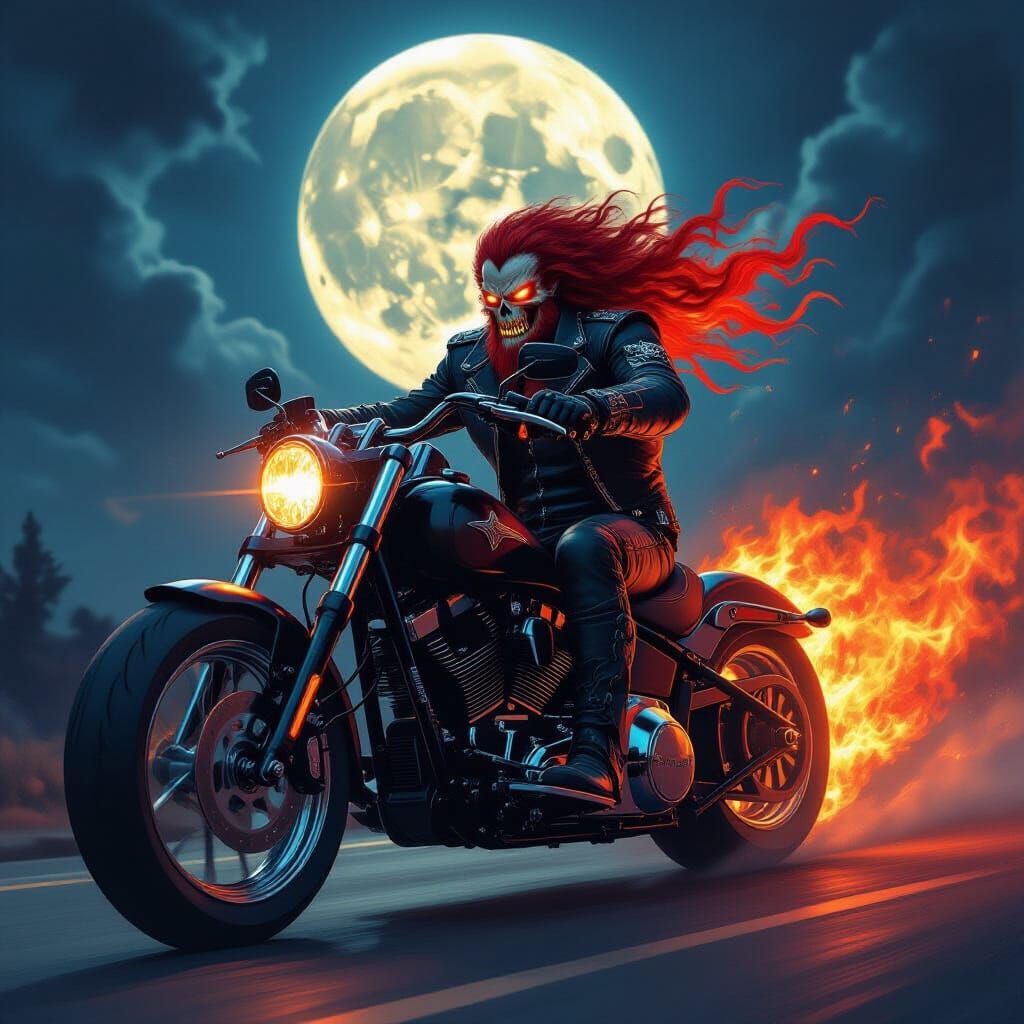 Fire Demon Biker on Chopper Under Moonlight