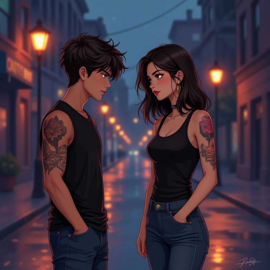 Urban Night Scene in Manhwa Style Illustration