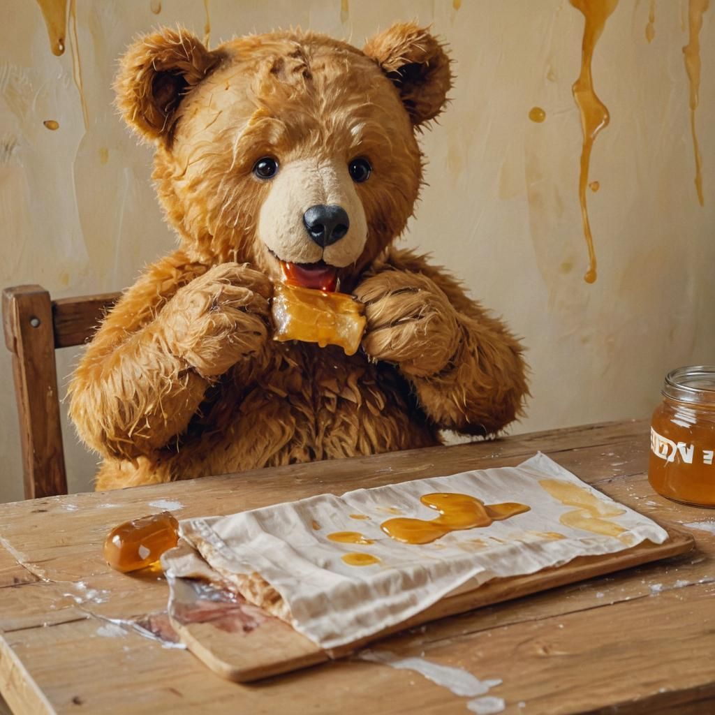 Dreamy Teddy Bear Devours Golden Honey Bar in Whimsical Oil...