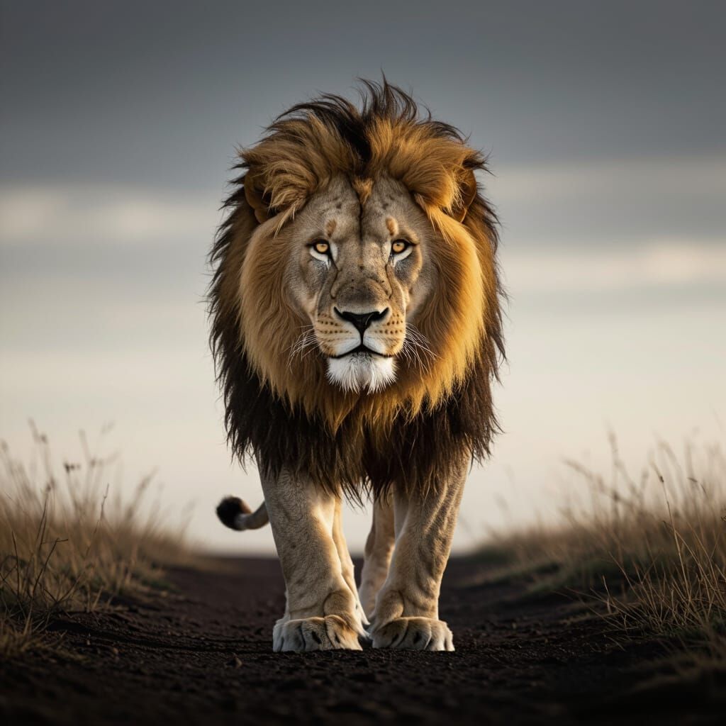 Majestic Lion Walks Forward on Black Background Photorealist...