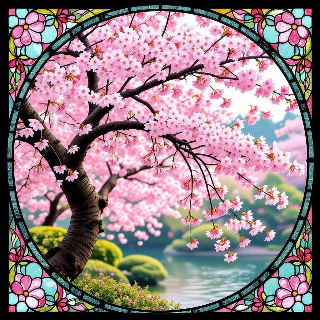 Stained Glass Cherry Blossom Tree in Art Nouveau Style