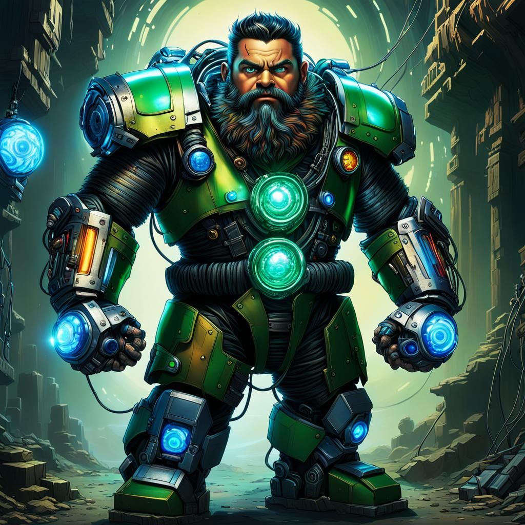 Gritty Dwarf Cyborg stands under Neon Lit Space Station