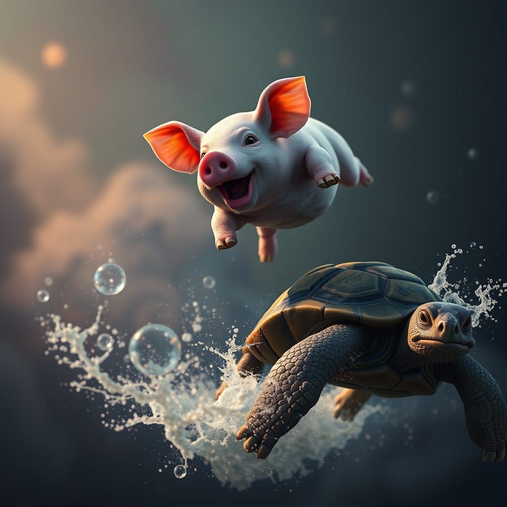 Flying Pig Escapes Chasing Turtle in Vibrant Fantasy Landsca...