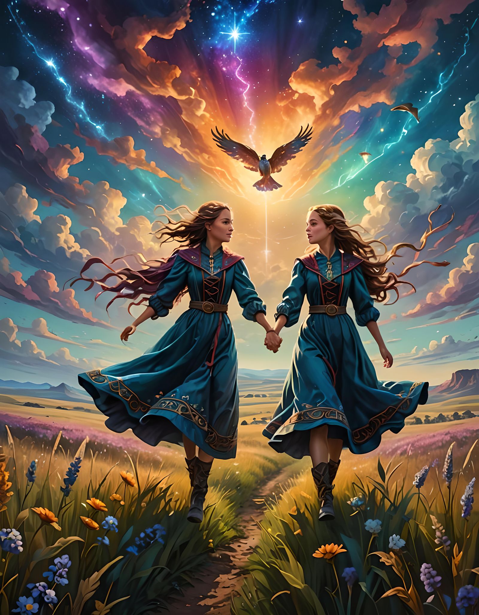 Magical Twins Soar Over Enchanted Prairie in Vivid Colors