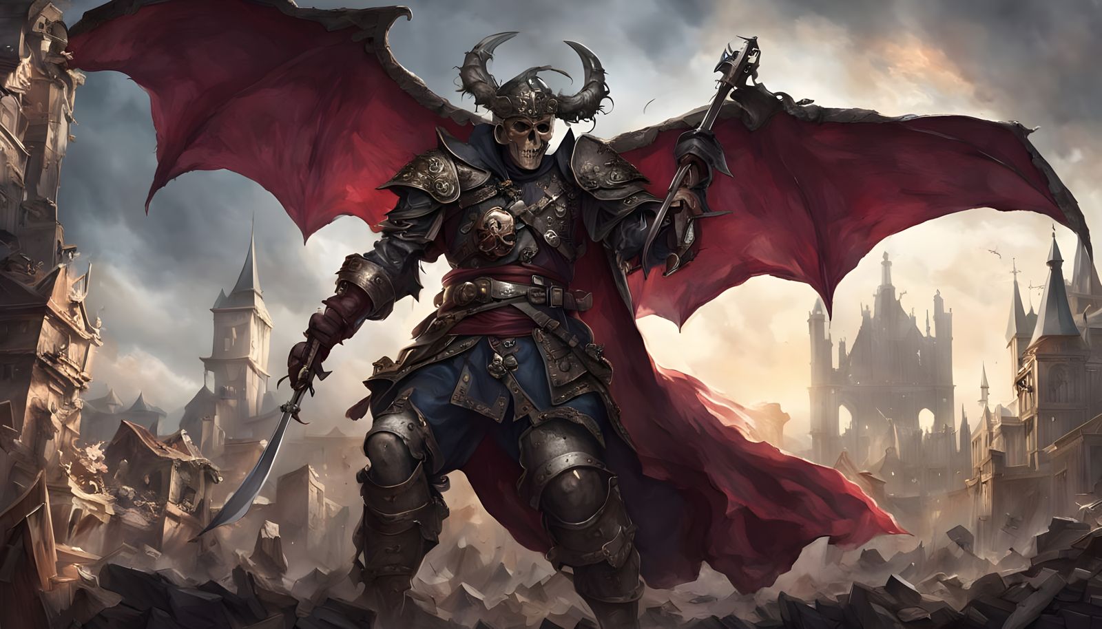 Warrior in Crimson Coat Stands Amidst Ruined Medieval Town