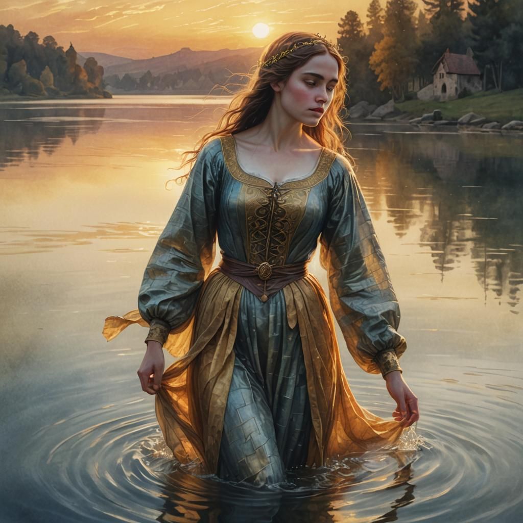 Elegant Medieval Woman in Serene Lake Landscape