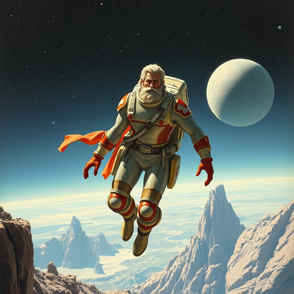 Odysseus in Spacesuit Floating in Zero Gravity