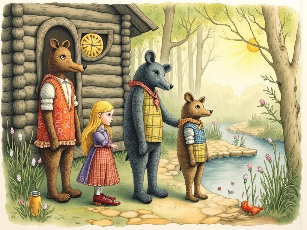 Quirky Fairy Tale Scene with Plush Patchwork Bears and Rag D...