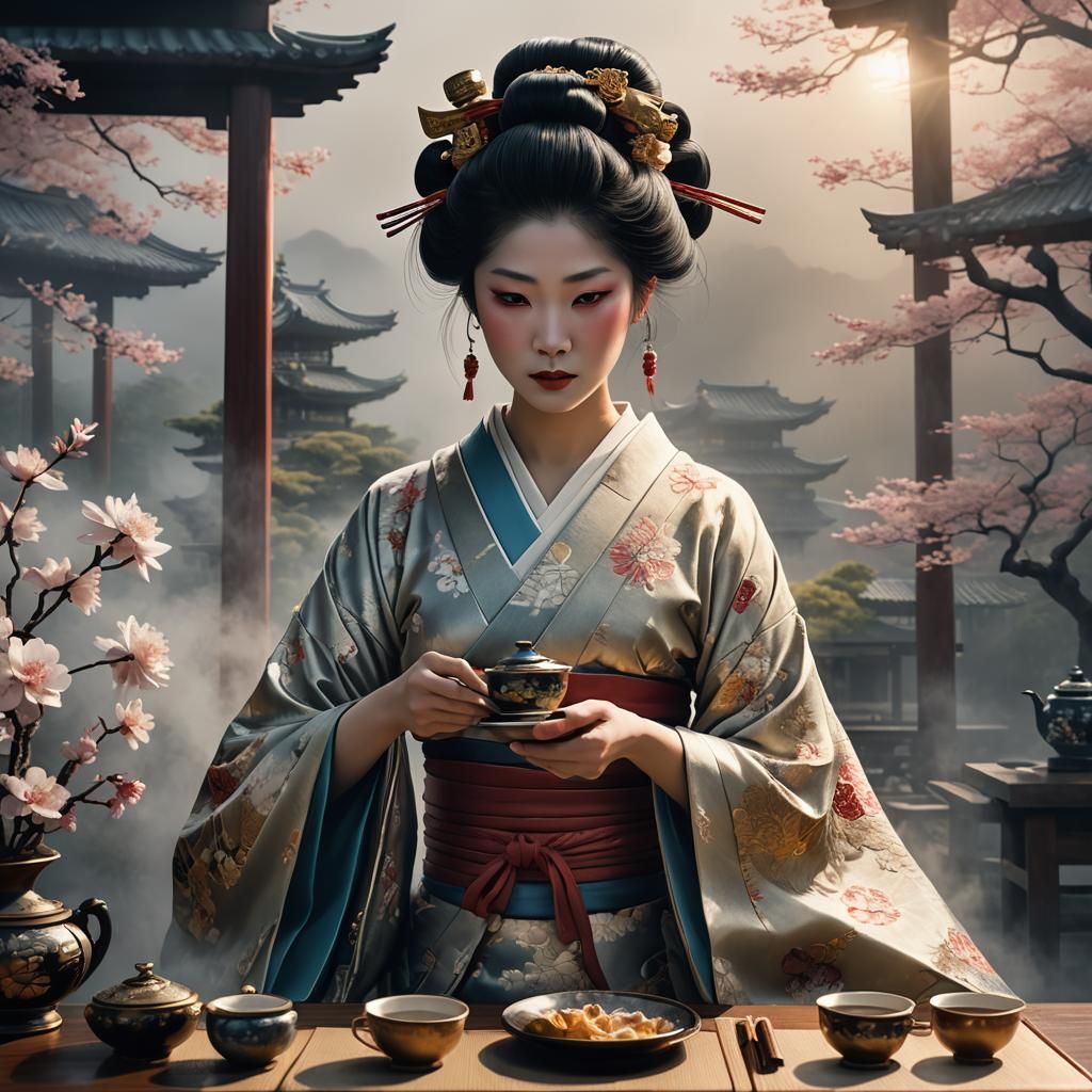 Epic Digital Portrait of a Geisha Serving a Samurai Lord in...