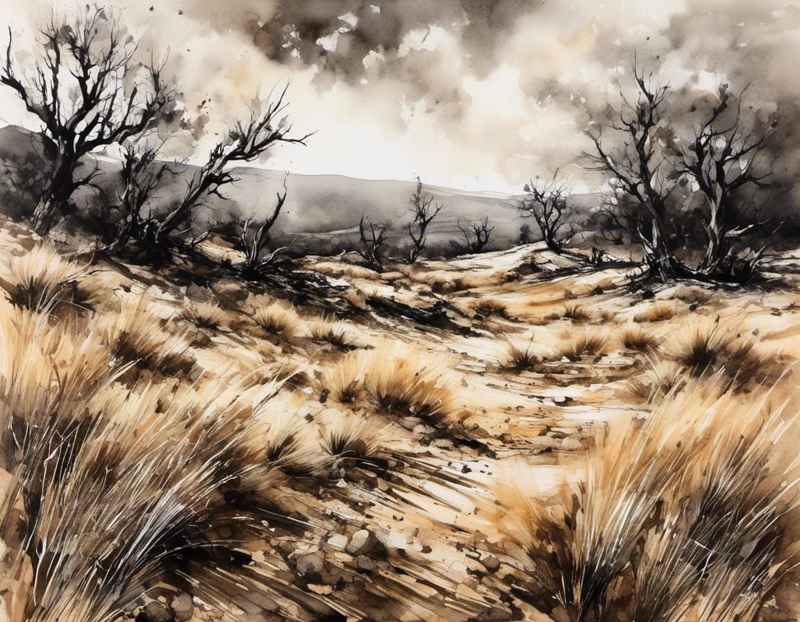 Ink Drawing of Arid Grasslands During Drought