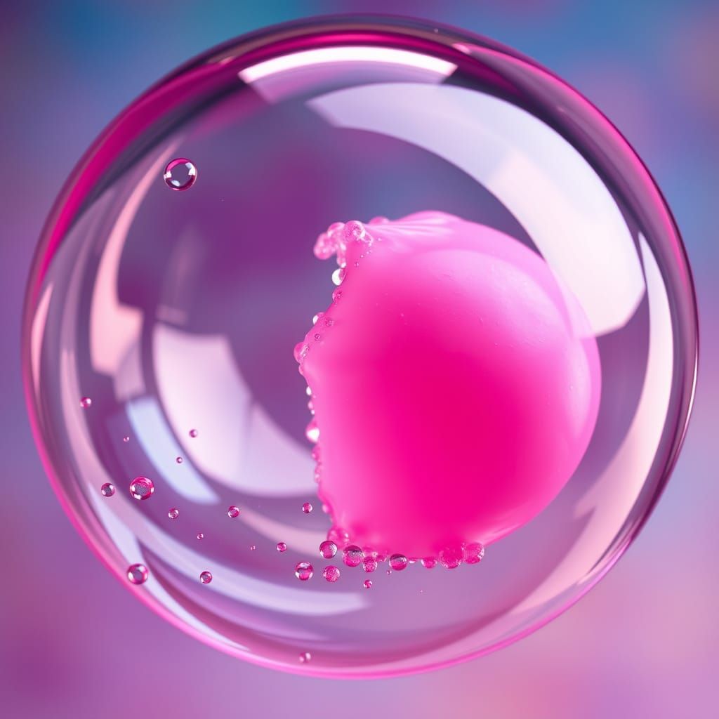 A hyper-realistic close-up of a pink bubblegum bubble at the moment it bursts