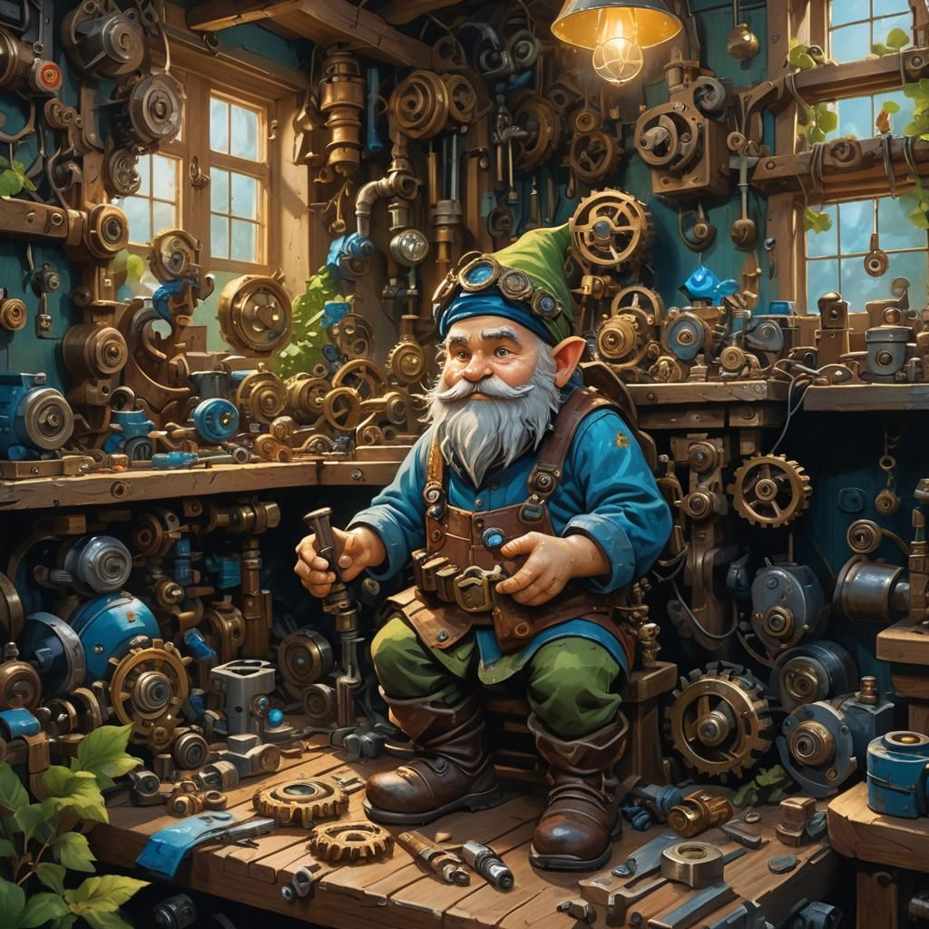 Fantasy Gnome Tinkerer in a Whimsical Workshop