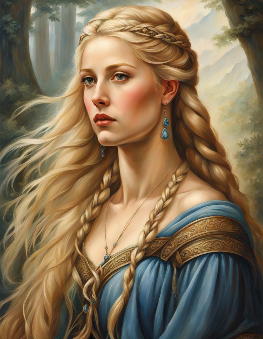Sensual Viking Princess with Braided Blonde Hair and Golden...