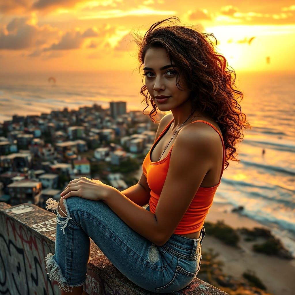 Latina Goddess Amidst Urban Decay and Sunset Splendor