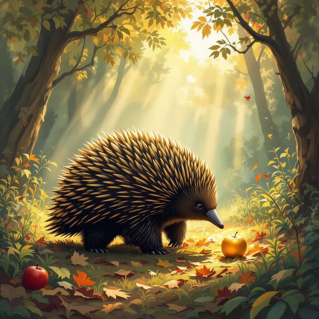 Giant Echidna Discovers Golden Apple in Forest