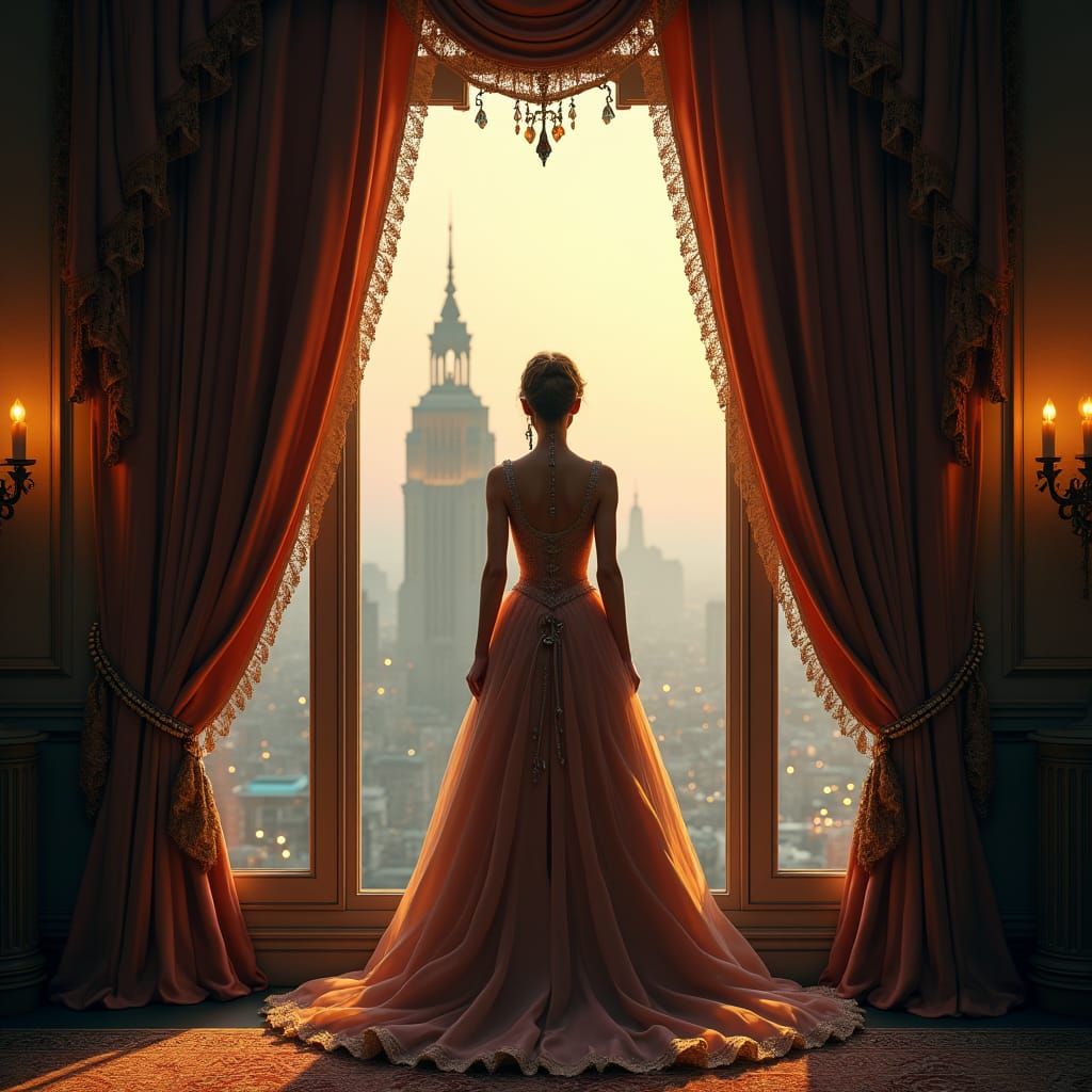 Elegant Woman in Ornate Hotel Window