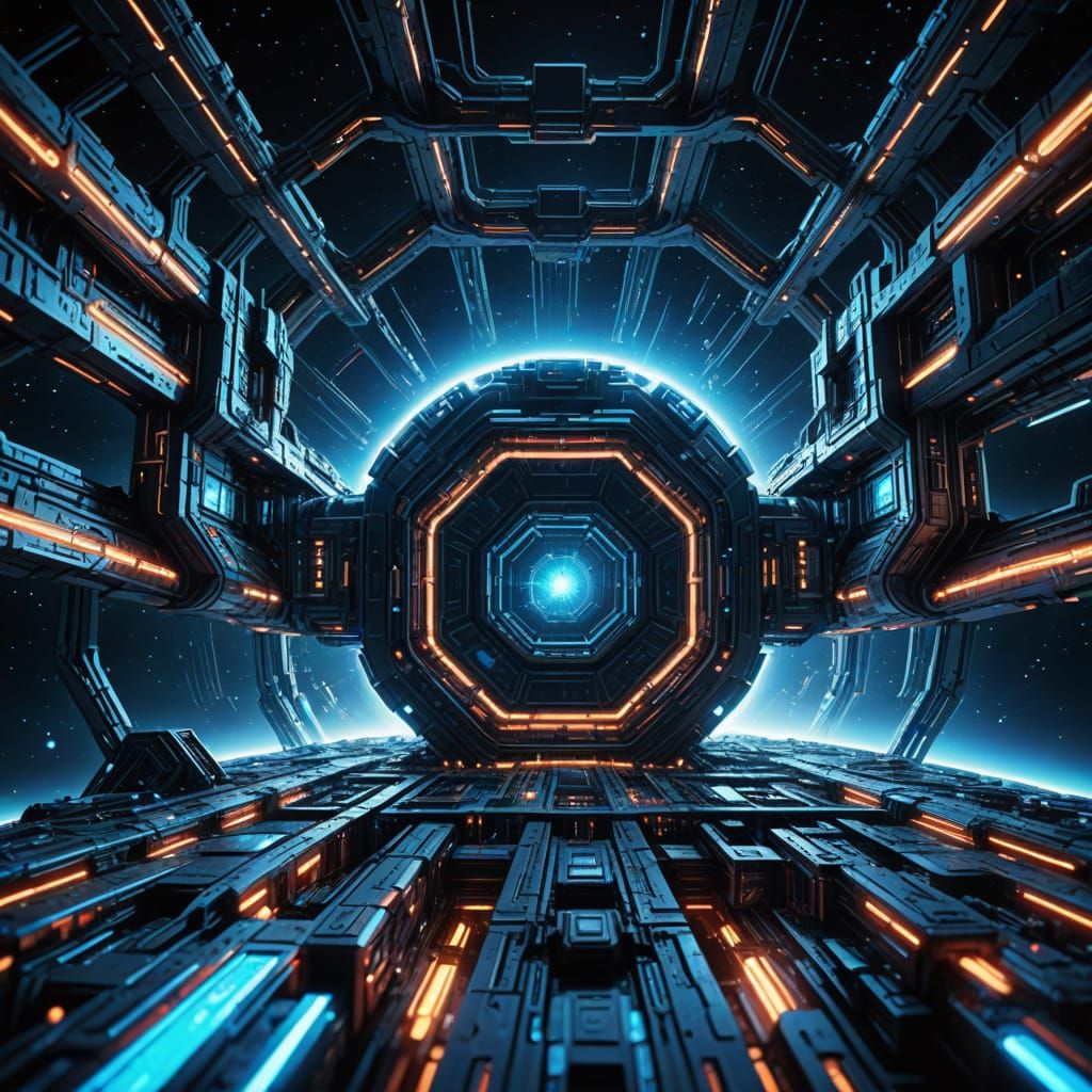 Megastructure in Space: Neon Sci-Fi Digital Art
