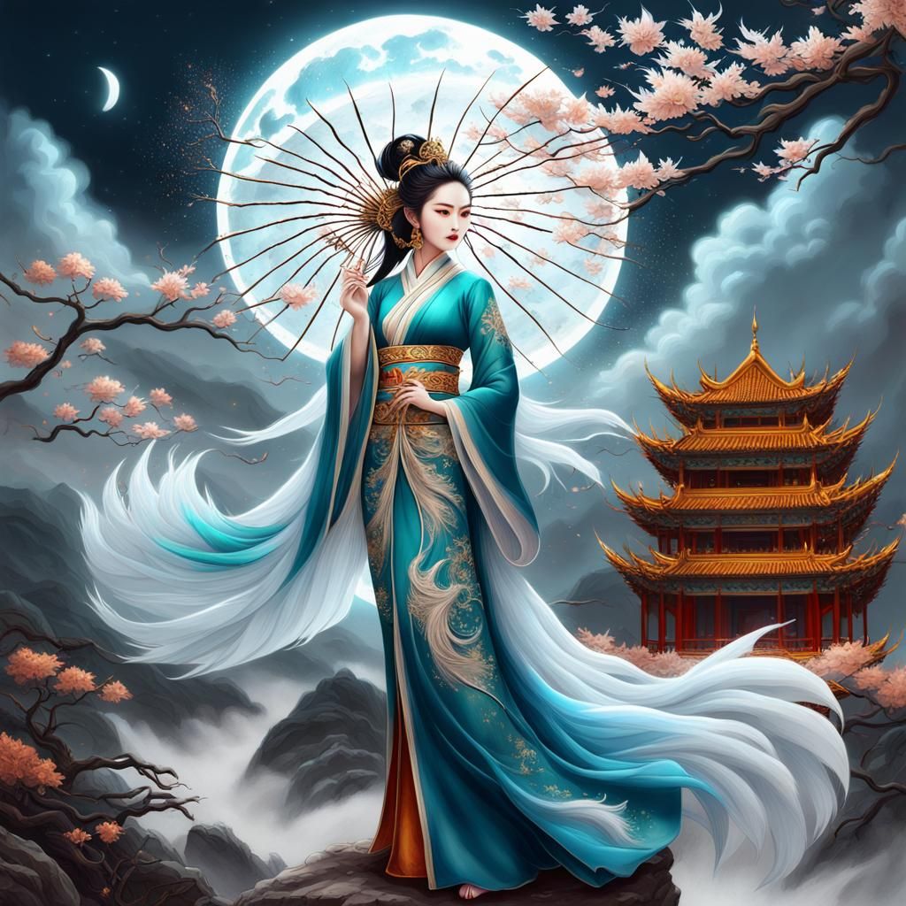 Ethereal Goddess in Stormy Night, Thai Silk in Chinese Legen...