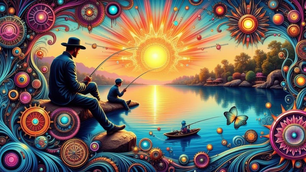 Father and Sons Fishing in a Vibrant Steampunk River Scene
